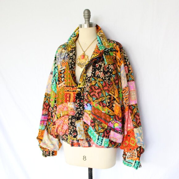 We Be Bop Vintage Patchwork Bomber puffer Jacket patchwork aztec asian ethnic - Picture 6 of 10